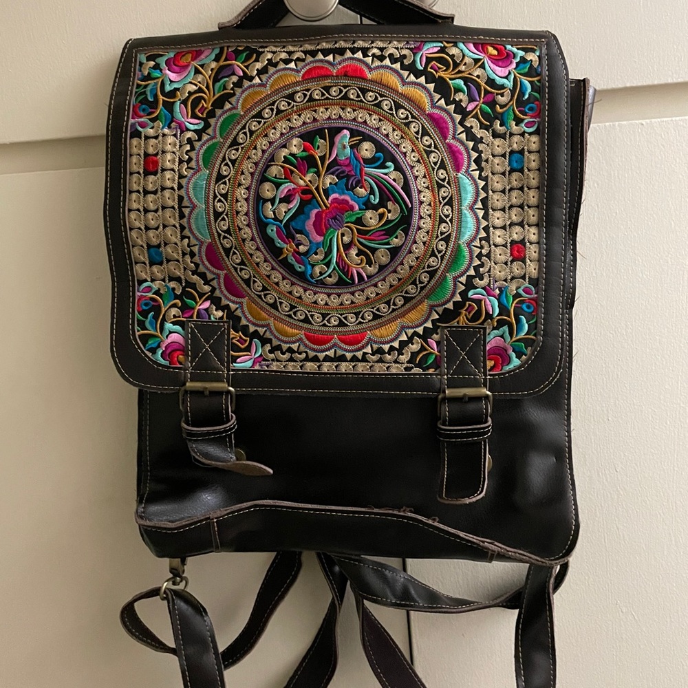 Brown embroidry leather backpack